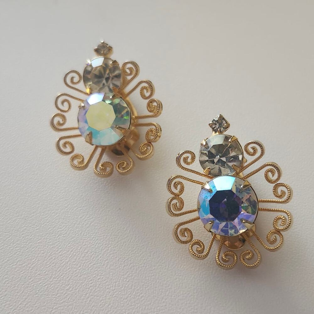 Vintage Glass AB Rhinestone Clip On Earrings Gold‎ Tone Filigree Costume Jewelry